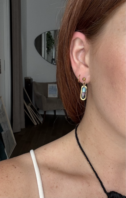 Boucles puces rectangles bleues et noires fleurs roses – Image 3