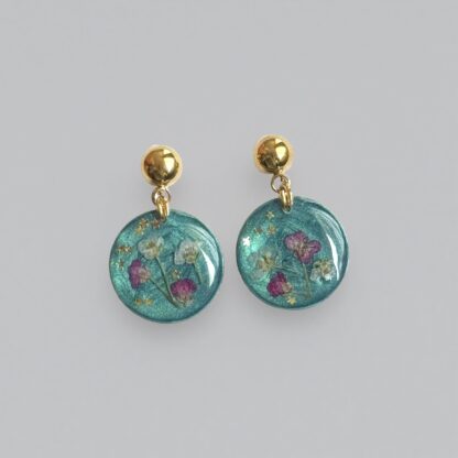 Boucles puces bleu turquoise et fleurs roses – Image 2