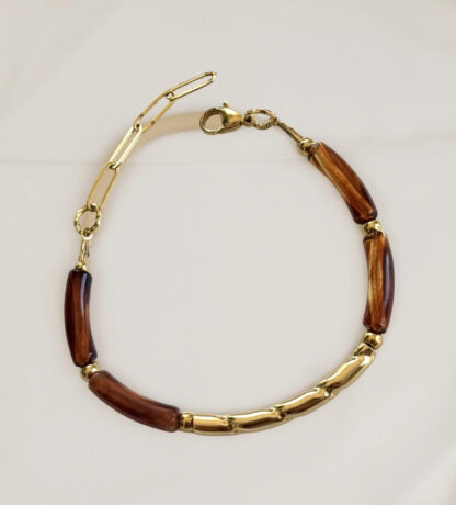 Bracelet ambré et tige striée acier inoxydable