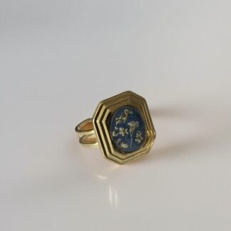 Bague bleue ajustable fleurs séchées et feuilles d'or