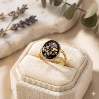 Bague 8x10 noire fleurs séchées roses et blanches