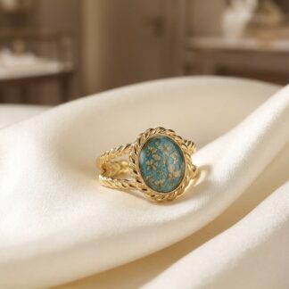 Bague bleu turquoise fleurs blanches et feuilles d'or
