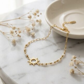 Bracelet soleil et perles blanches acier inoxydable