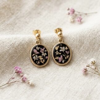 Boucles noires fleurs séchées blanches et roses et feuille d’or