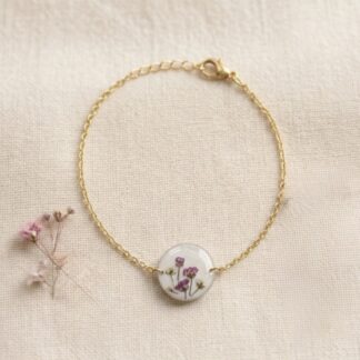 Bracelet blanc et fleurs séchées roses et blanches