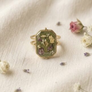 Bague rectangulaire fleurs séchées roses