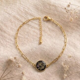 Bracelet grosses mailles noir et petite fleur dorée